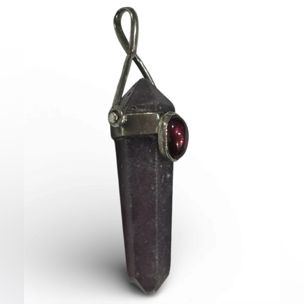 Vintage 90s 925 Sterling Silver Amethyst & Ruby Gem Stone Artisan Pendant - Picture 6 of 9